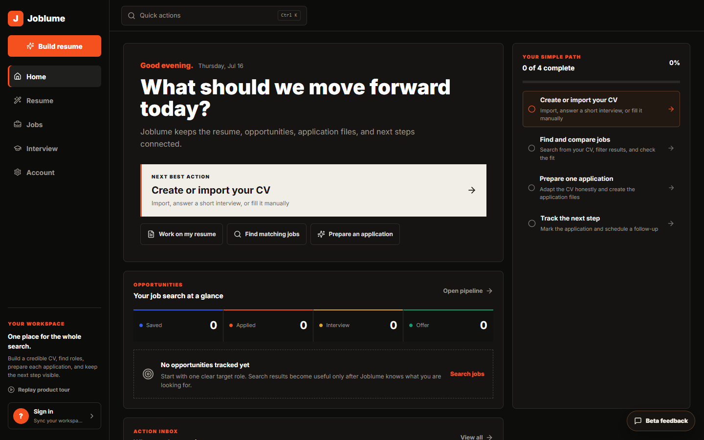 Joblume home showing the next action, opportunities, and application progress